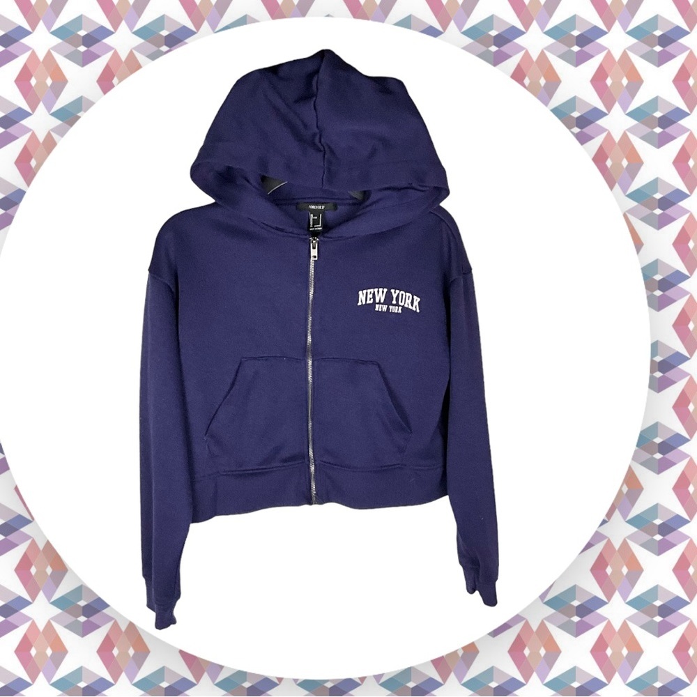 Forever 21 Navy Blue w White Crop Zip Hoodie Jrs/Wm Small